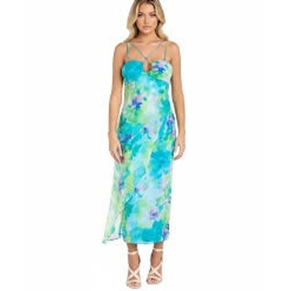 Morgan & Co Women Midi Dress 1 Blue Multi Floral 40021 Lace-Up Back Keyhole